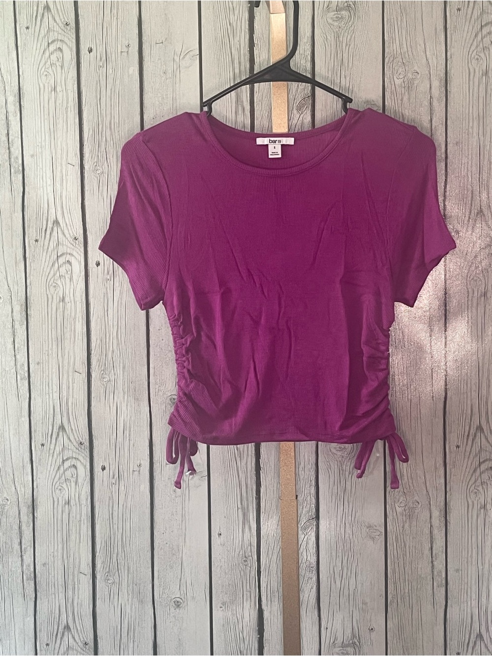 Bar III NWT Small Magenta Ribbed Short Sleeve Crop Top Ruched Drawstring Side